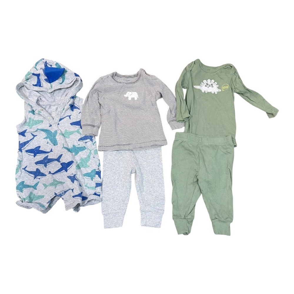 Carters Baby Boy 6M Romper Pants Bodysuit Lot Shark Dinosaur Elephant Blue Green